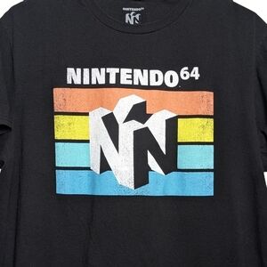 Nintendo 64 Black T-Shirt N64 Logo Over Stripes Men's Large Vintage Look EUC